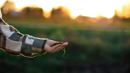 A Person Holding Soil in Their Hand During Sunset in an Open Field, Reflecting a Connection to Nature and Sustainable Practices