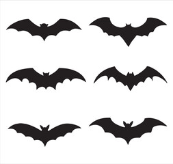 Halloween black bat silhouettes set, isolated on a white background. Black bat vector illustration, ideal for spooky decorations and Halloween-themed designs.