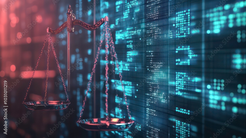 Poster a golden scale of justice in front of a digital binary code background, symbolizing the intersection