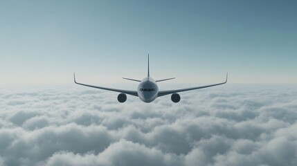 A white passenger plane flying in the sky, surrounded by clouds