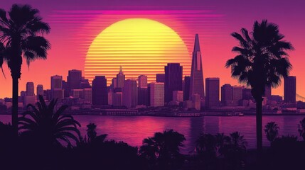 Stylized city skyline at sunset with a large, vibrant sun and palm trees in the foreground, featuring a retro, neon color palette