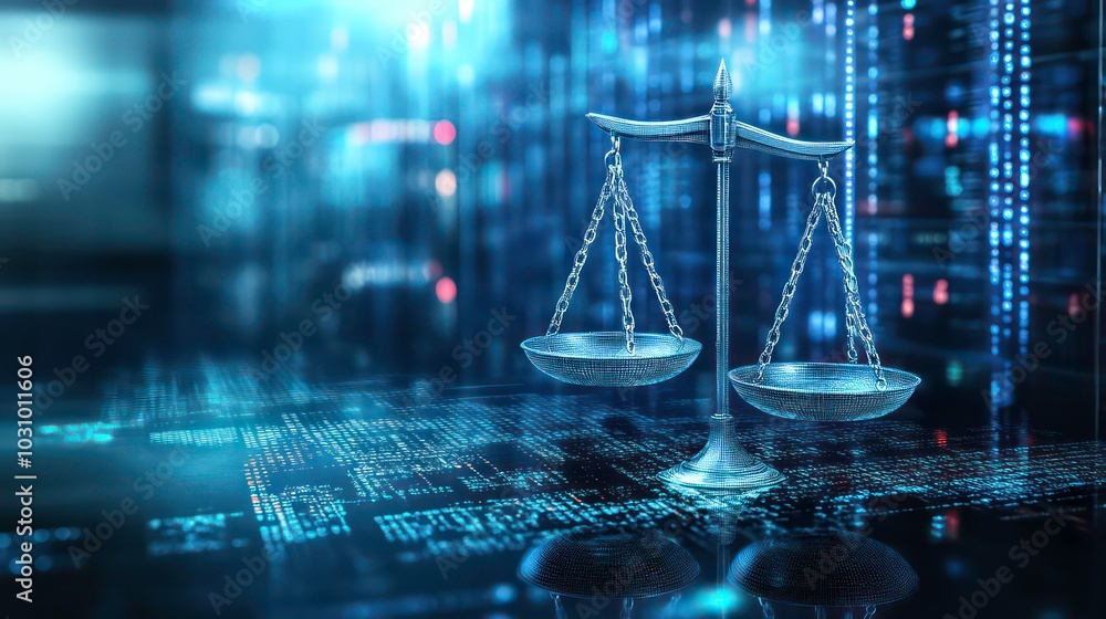 Poster a silver scale of justice stands on a background of binary code, representing the concept of digital