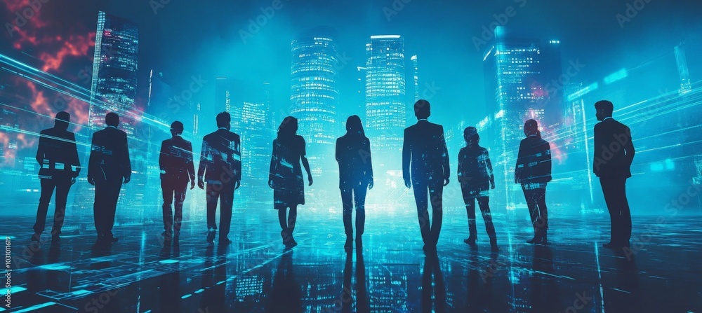 Poster a group of individuals positioned facing each other, engaged in a competitive tech task.