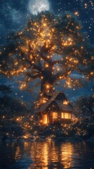 Obraz premium Capture a Serene Night Scene Featuring a Towering Glow in the Sky Perfect for Relaxation and Reflection