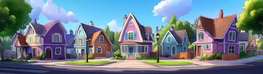 A vibrant cartoon neighborhood filled with colorful houses.
