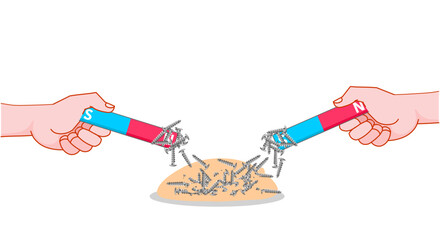 Separate nails, screws from sand or stone piles blend with a bar magnets. Hold choose, collect. Hand held blue, red n, s magnets. Physics lesson, magnetism. Separating mixtures. Vector illustration