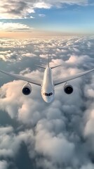 A white passenger plane flying in the sky, surrounded by clouds