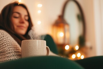 cozy reading nook with a plush, dark green lounge chair, a steaming mug of tea, and soft lighting from a modern lantern and a large mirror