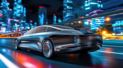Autonomous Robotaxi navigating futuristic cityscape at night, neon lights reflecting off sleek surface, empty streets and towering buildings in the distance.