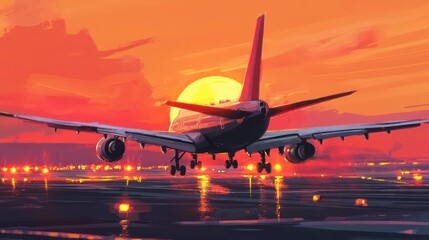 A large airplane landing on a runway at sunset, with a golden sun setting behind it.