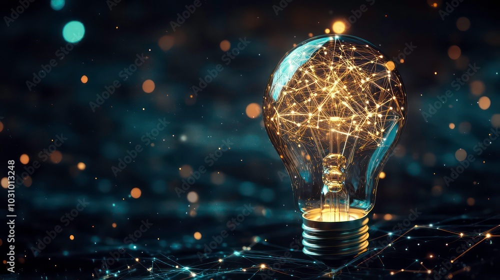 Poster a glowing light bulb with a network of lines inside, representing ideas and innovation.