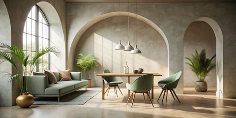 Fototapeta premium Vintage Minimalist Modern Interior with Arched Walls and Concrete Table