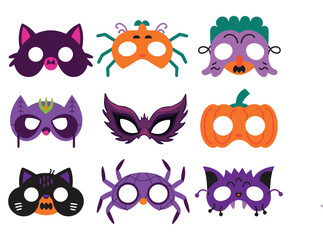 Halloween masks vector cartoon set, isolated on a white background. Fun and festive designs perfect for Halloween-themed projects and celebrations. Ideal for costume parties and spooky decorations.