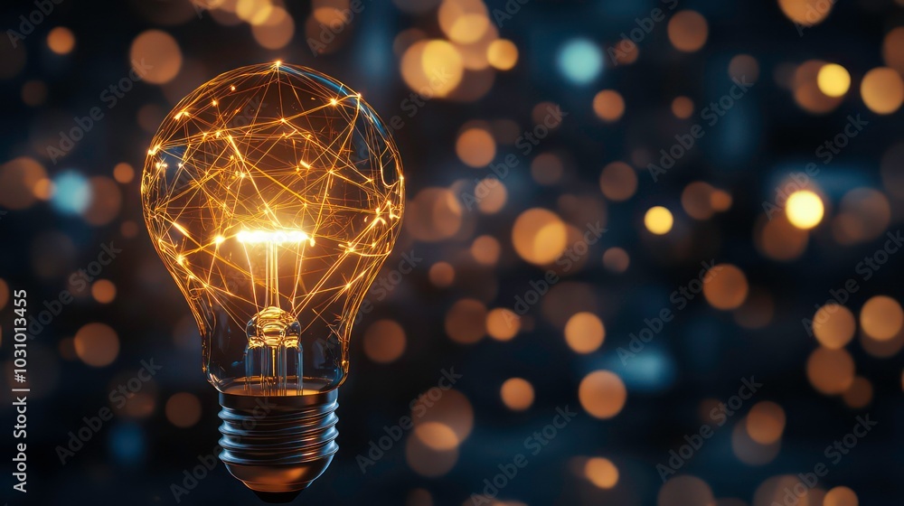 Poster a glowing light bulb with interconnected lines, symbolizing innovation, creativity, and networking, 