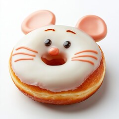Greasy donut with a mouse face, cheese flavor, childfriendly, clean white background, fun and unique