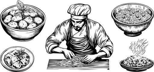 Vintage vector illustration of ravioli,risotto, pasta, and spaghetti on a plate. Sketch featuring Italian chef cooking.