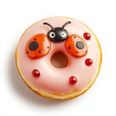 Obraz premium Single donut featuring a ladybug face, cherry flavor, kidfriendly, clean white background, bright and cute