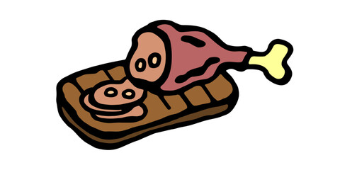 A simple hand-drawn illustration of grilled bone-in meat and sliced ham on a wooden cutting board, perfect for culinary and barbecue-themed designs
