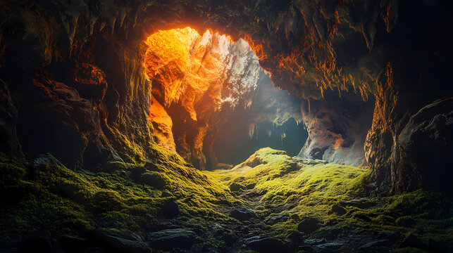 Fiery subterranean cavern with dramatic lighting casting shadows in a mystical landscape. Mossy Cave. Illustration