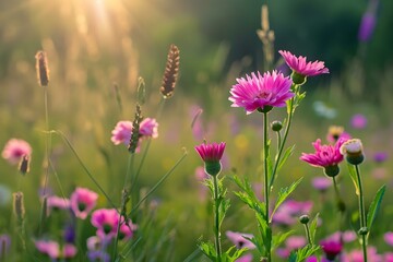 Fototapeta premium Wildflowers in sunlight on a summer meadow 