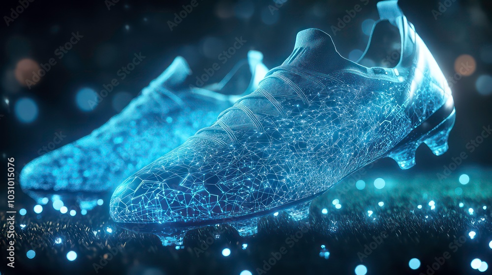 Wall mural a pair of futuristic, blue glowing soccer cleats on a dark background with bokeh lights.