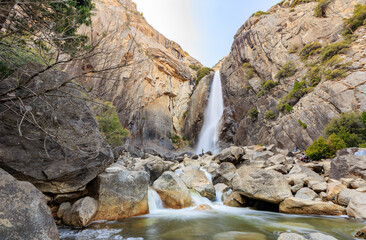 Sunny view of the Lower Yosemite Falls in Yosemite National Park