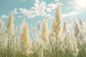 Fototapeta premium Tall grass field under sunny sky