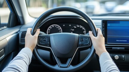 Hands Steering Wheel - Driving Concept with Car Dashboard on the Road