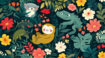 Adorable jungle animals like sloths, monkeys, and crocodiles in a vibrant floral background. Fun and cheerful vector pattern