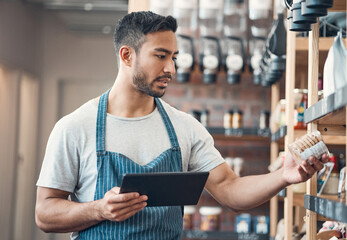 Small business, man and check in cafe with tablet, product inspection and inventory management. Coffee shop, male manager and barista with digital for stock quality, startup order and online services