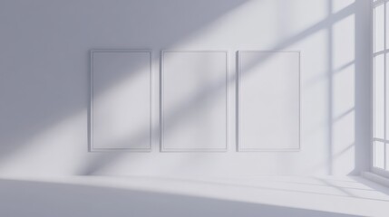Fototapeta premium Hanging Mockup. Three White Poster Frames on Wall with 3D Rendering