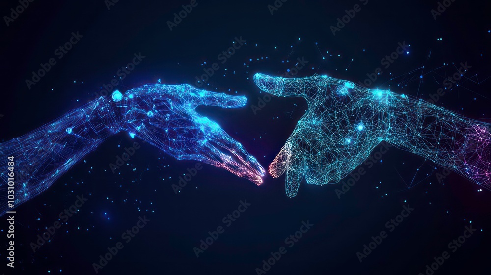 Poster two digital hands reaching towards each other in a futuristic, digital, and abstract style with glow