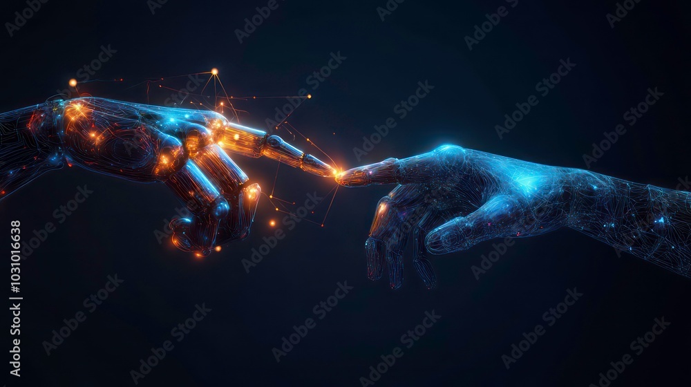 Poster a robotic hand and a human hand reach out to touch each other, connected by glowing lines of code. t