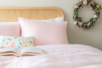 cozy bed with soft pink linen sheets, floral pillows, and an open book, with a decorative wreath hanging on the wall behind the rattan headboard
