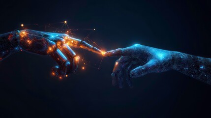 A robotic hand and a human hand reach out to touch each other, connected by glowing lines of code. The image represents the growing relationship between humans and artificial intelligence.