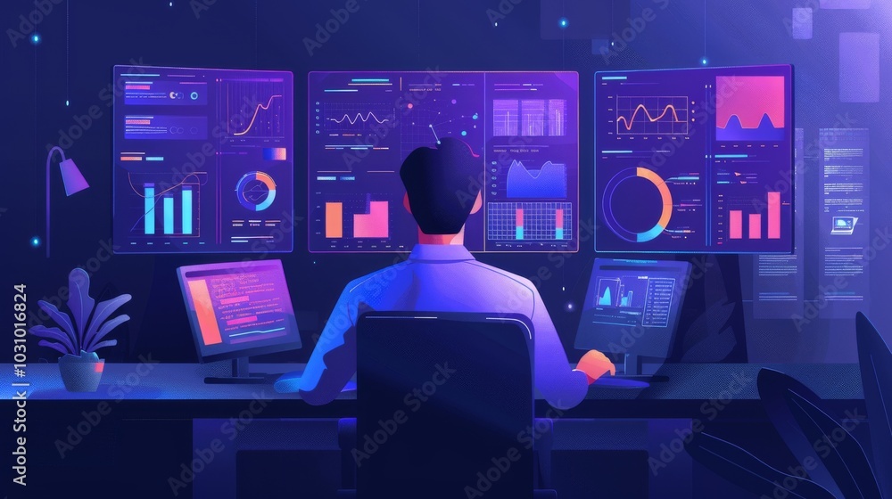 Aufkleber ai developer working on data models, surrounded by data visualizations