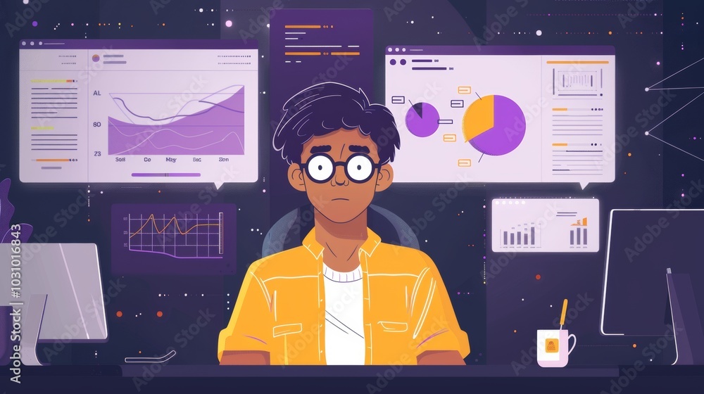 Poster ai developer working on data models, surrounded by data visualizations