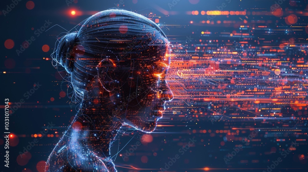 Poster ai developer working on data models, surrounded by data visualizations