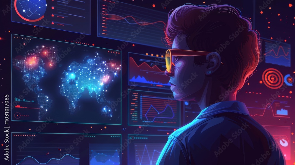 Poster ai developer working on data models, surrounded by data visualizations