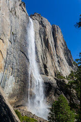 Sunny view of the Upper Yosemite Falls in Yosemite National Park