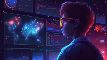 Naklejka premium AI developer working on data models, surrounded by data visualizations