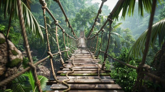 Fototapeta Jungle Thrills Suspended Rope Bridge Over Lush Rainforest Gorge Adventure Travel Concept