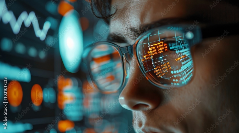 Poster ai developer working on data models, surrounded by data visualizations