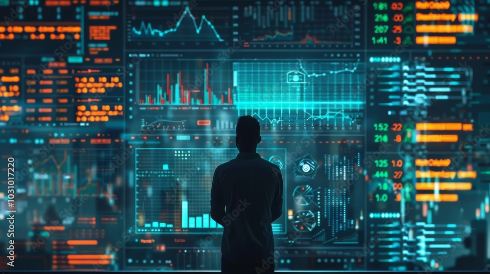 Poster ai developer working on data models, surrounded by data visualizations