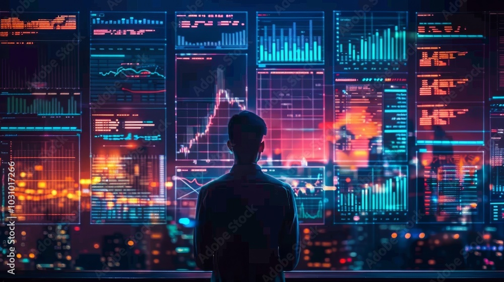 Fototapete ai developer working on data models, surrounded by data visualizations