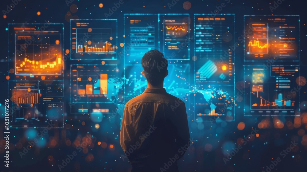 Fototapete ai developer working on data models, surrounded by data visualizations