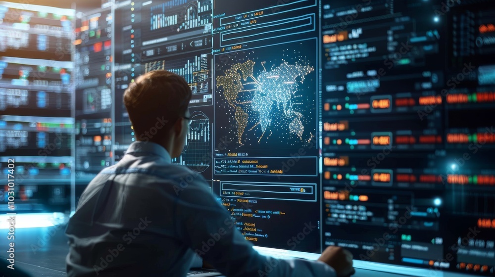 Poster ai developer working on data models, surrounded by data visualizations