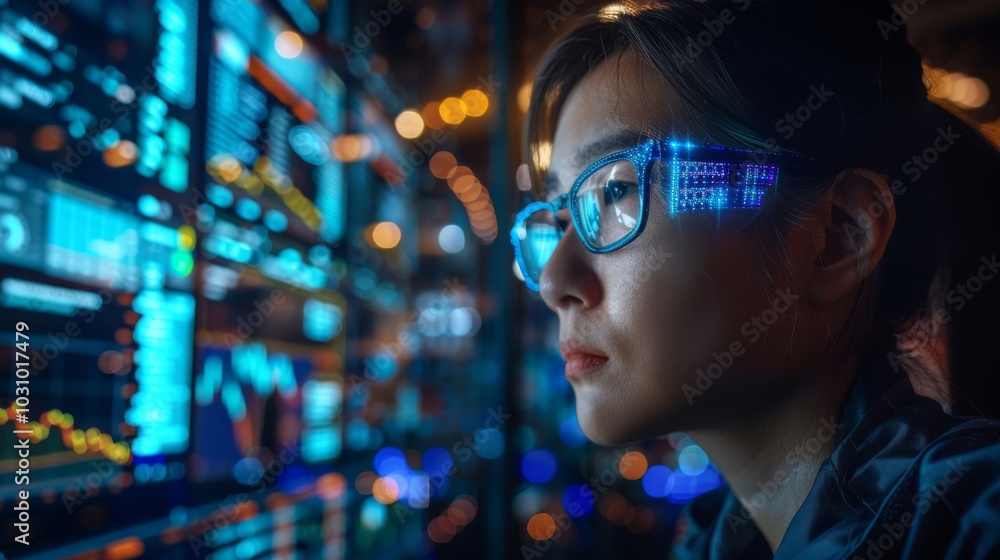 Poster ai developer working on data models, surrounded by data visualizations