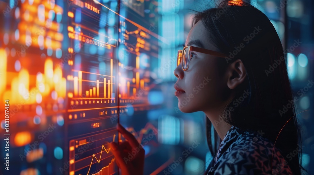 Poster ai developer working on data models, surrounded by data visualizations