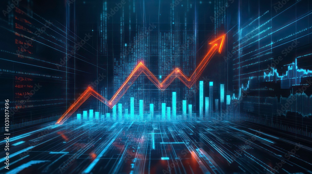 Poster a digital rendering of an upward trending arrow with blue and orange bar graphs on a digital display